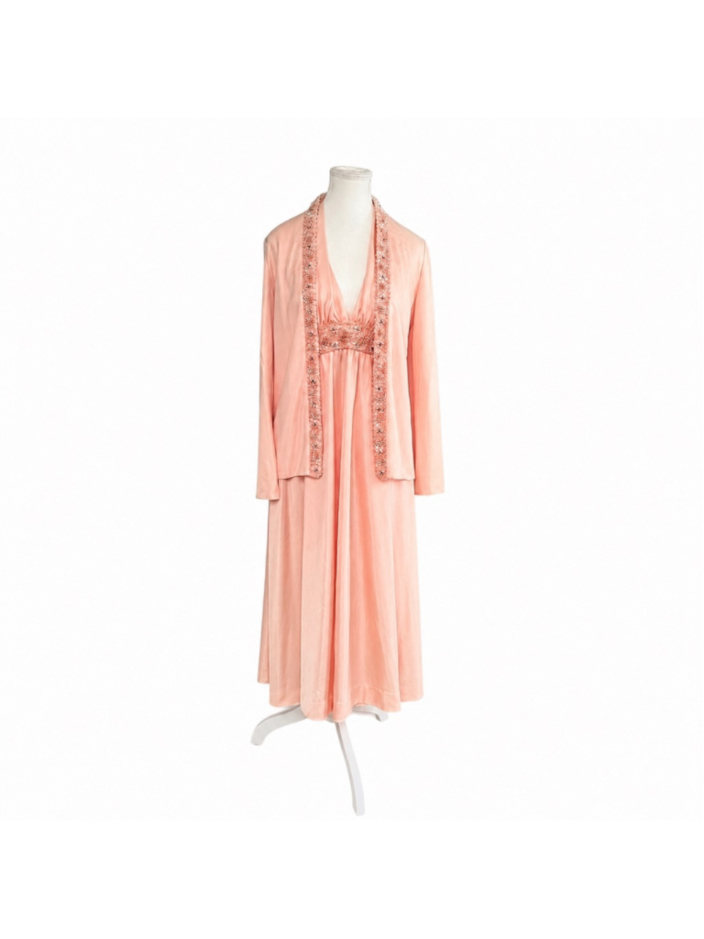 Vintage 70s Jack Bryan Peach Beaded Maxi Dress Set Disco Glam Hostess Lounge Set